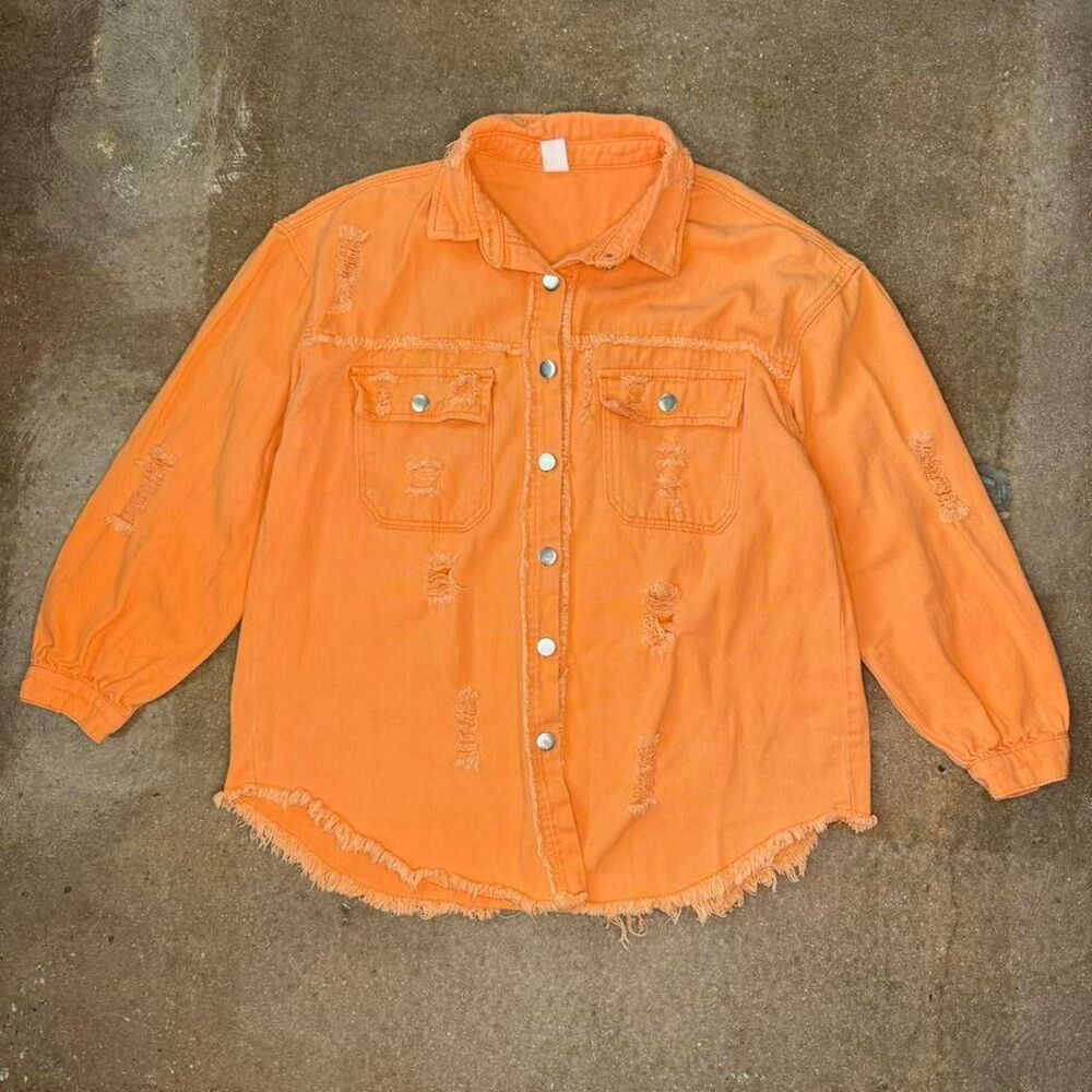 Orange distressed light denim jacket‎ grunge raw hem streetwear
